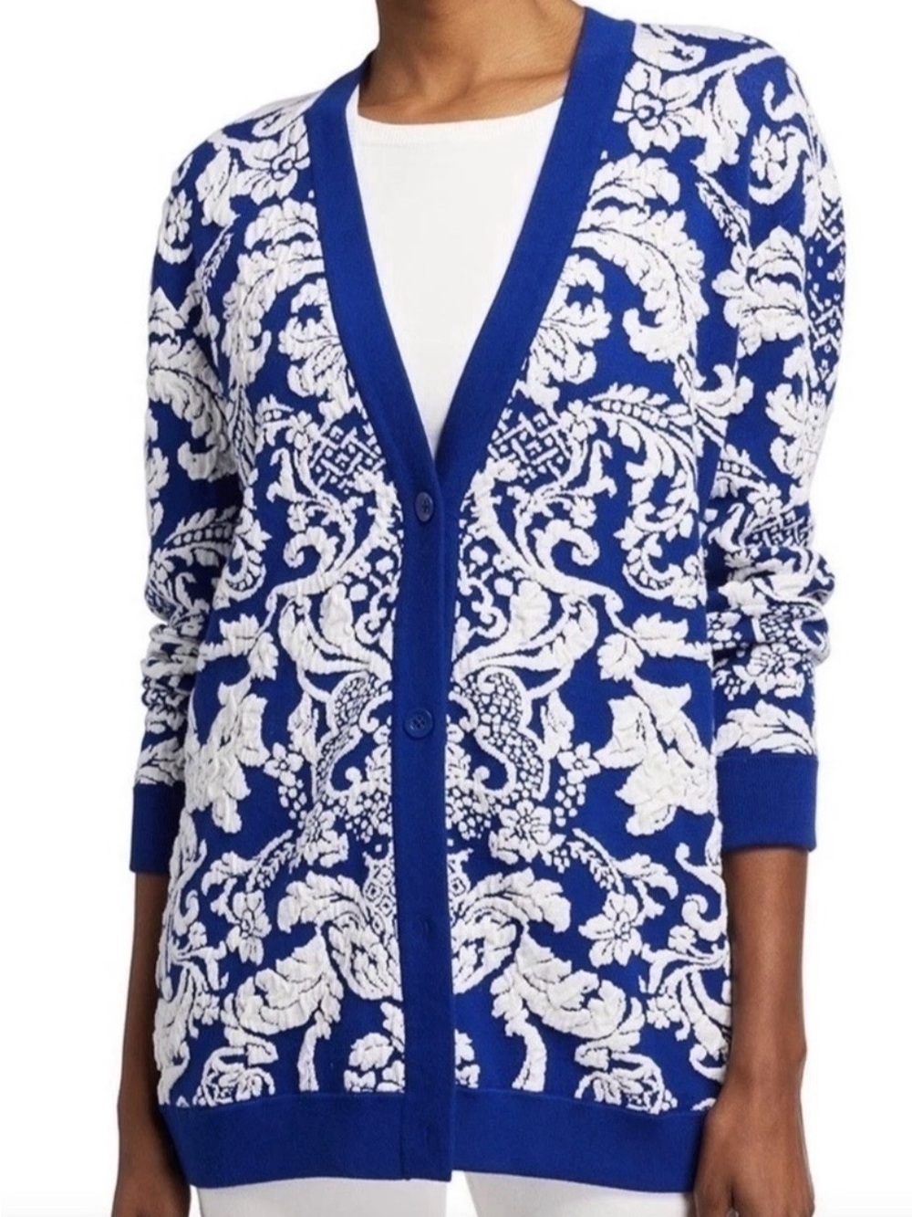 Alice + Olivia Bradford Paisley Grandpa Cardigan Blue White Medium Sweater